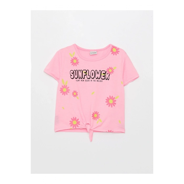 Bisiklet Yaka Baskılı Kısa Kollu Kız Çocuk Crop Tişört
