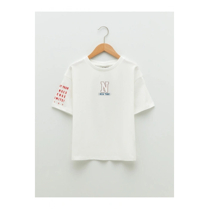 Bisiklet Yaka Baskılı Kısa Kollu Pamuklu Kız Çocuk Tişört