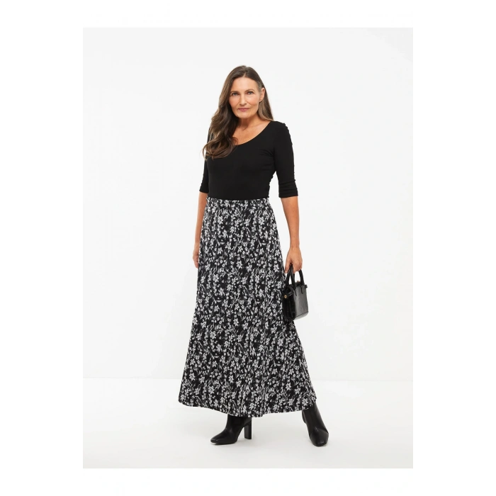 Beli Lastikli Desenli Ponte Kadın Kloş Etek