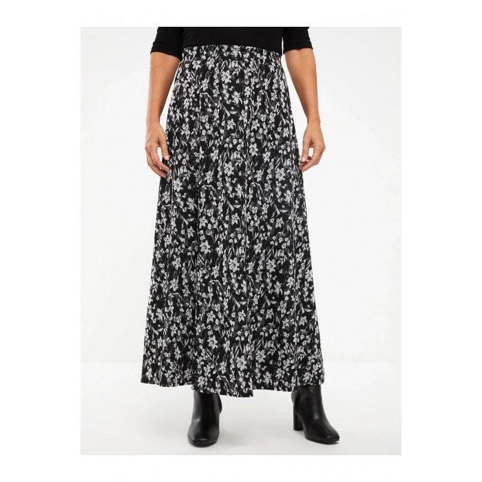 Beli Lastikli Desenli Ponte Kadın Kloş Etek