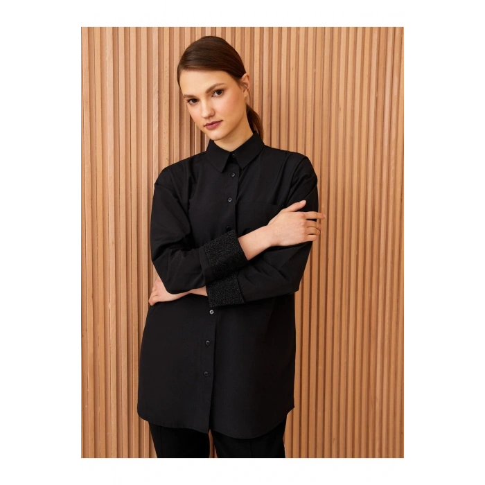 Gömlek Yaka Düz Uzun Kollu Oversize Poplin Kadın Tunik
