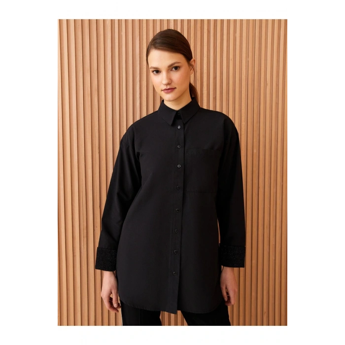 Gömlek Yaka Düz Uzun Kollu Oversize Poplin Kadın Tunik