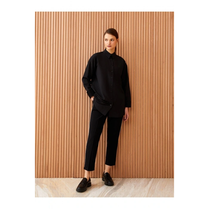 Gömlek Yaka Düz Uzun Kollu Oversize Poplin Kadın Tunik