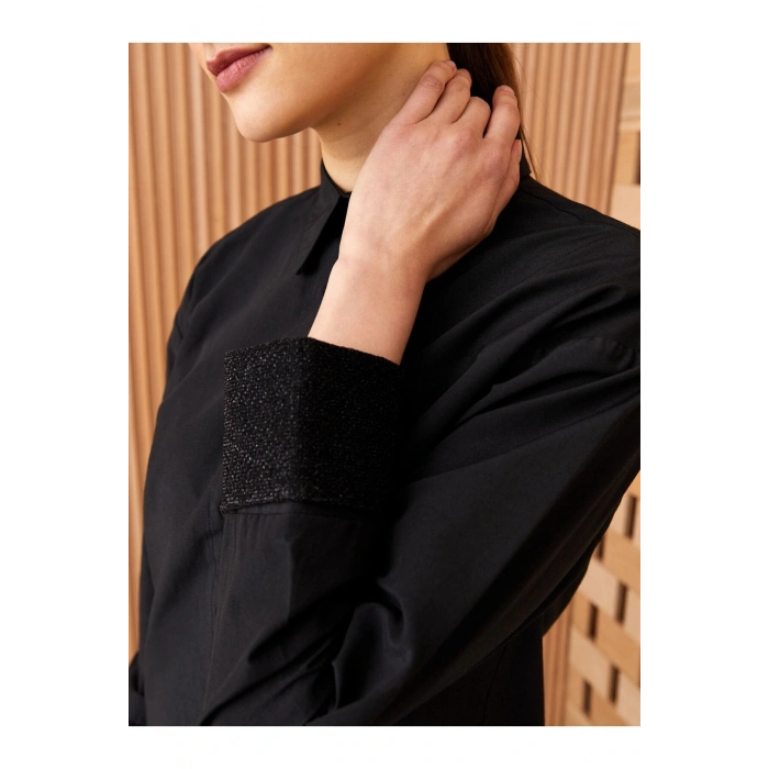 Gömlek Yaka Düz Uzun Kollu Oversize Poplin Kadın Tunik