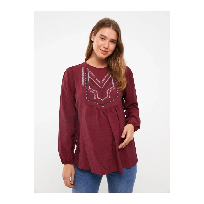 Bisiklet Yaka Nakışlı Uzun Kollu Hamile Bluz