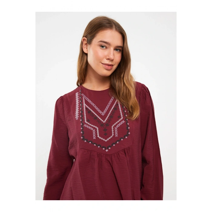 Bisiklet Yaka Nakışlı Uzun Kollu Hamile Bluz