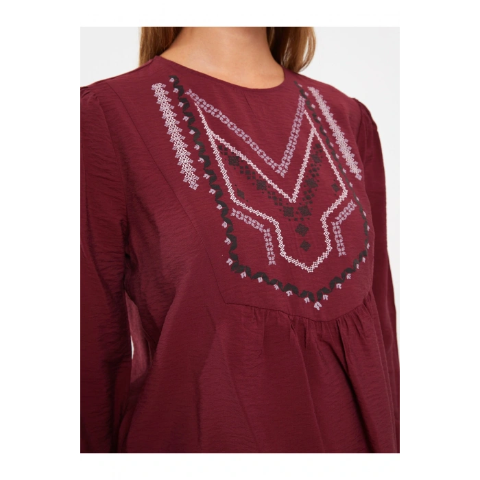 Bisiklet Yaka Nakışlı Uzun Kollu Hamile Bluz