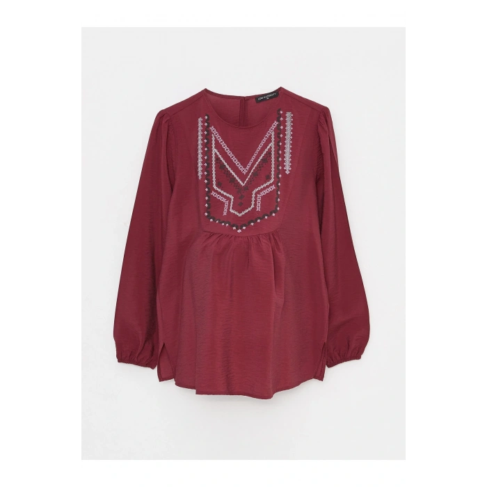 Bisiklet Yaka Nakışlı Uzun Kollu Hamile Bluz