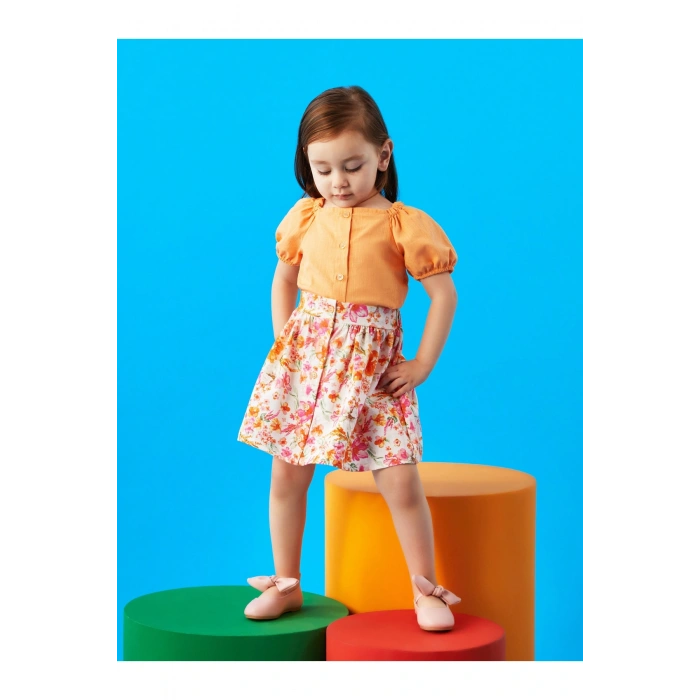 Kare Yaka Kısa Kollu Kız Bebek Gömlek Ve Etek 2li Takım