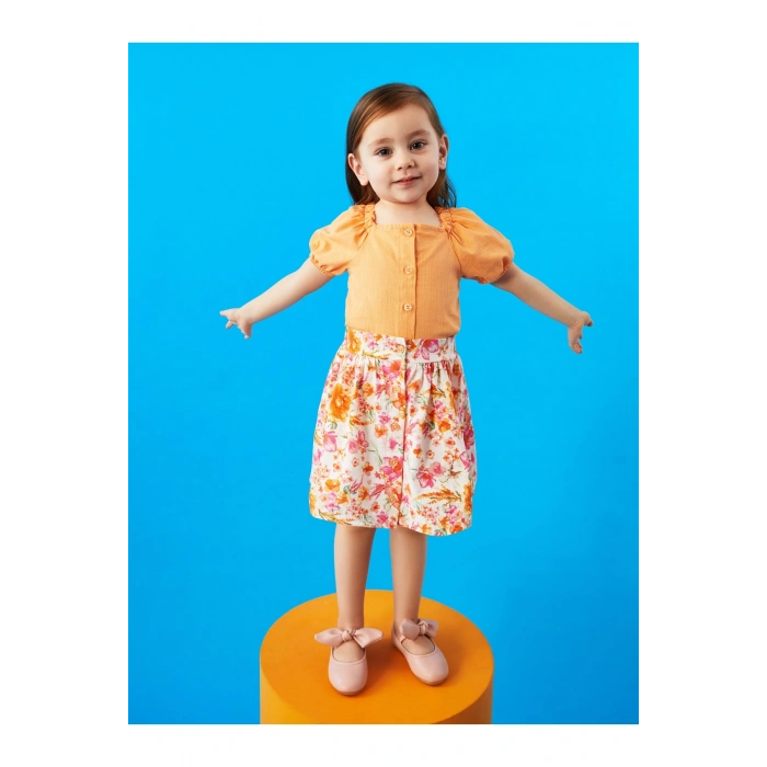 Kare Yaka Kısa Kollu Kız Bebek Gömlek Ve Etek 2li Takım