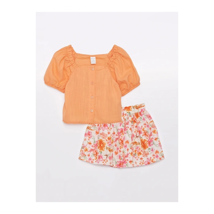 Kare Yaka Kısa Kollu Kız Bebek Gömlek Ve Etek 2li Takım