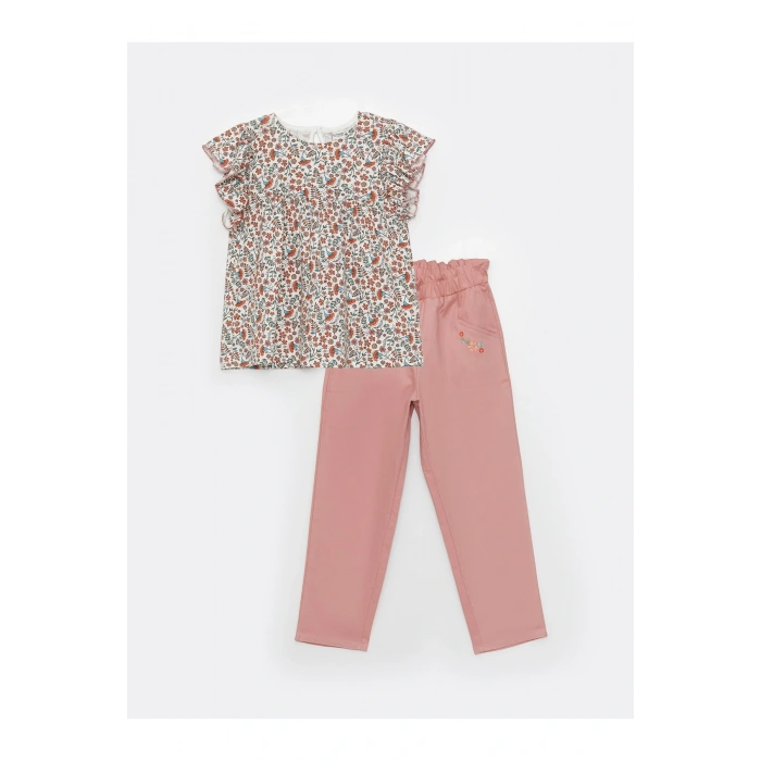 Bisiklet Yaka Desenli Kısa Kollu Kız Çocuk Bluz Ve Pantolon