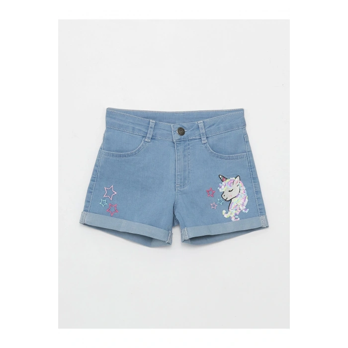 Nakışlı Kız Çocuk Jean Şort