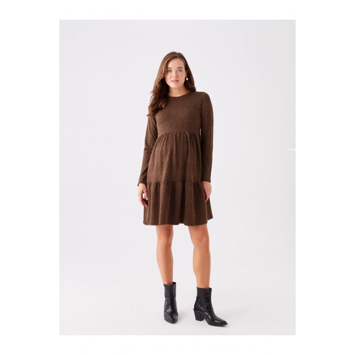 LCWAIKIKI Maternity Bisiklet Yaka Desenli Uzun Kollu Hamile Elbise