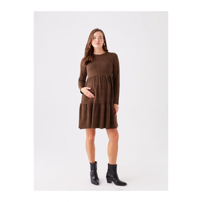 LCWAIKIKI Maternity Bisiklet Yaka Desenli Uzun Kollu Hamile Elbise