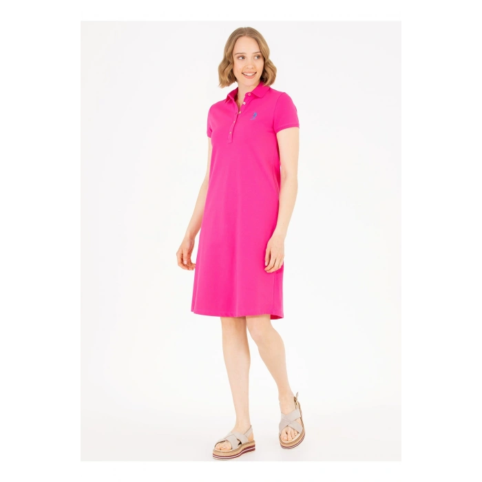 Polo Yaka Düz Pembe Diz Üstü Kadın Elbise Gurlın23