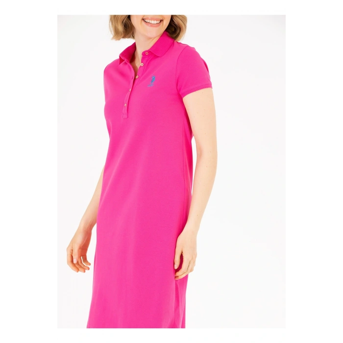 Polo Yaka Düz Pembe Diz Üstü Kadın Elbise Gurlın23