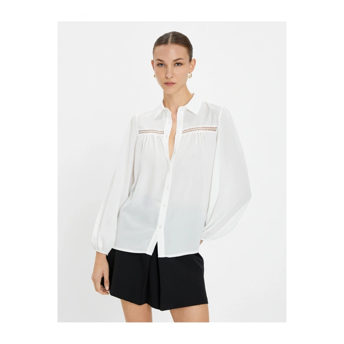 Uzun Kollu Gömlek Yakası Fırfırlı Düğmeli Dokulu