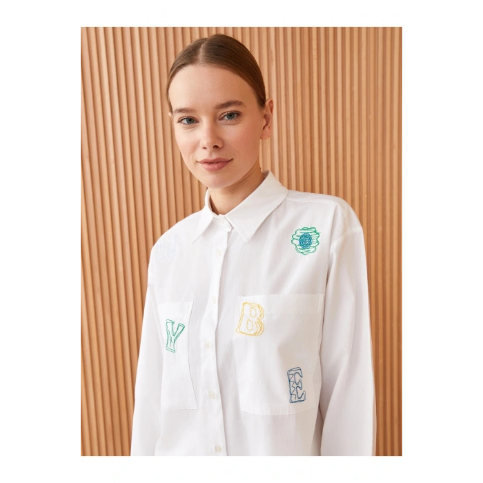 Gömlek Yaka Nakışlı Uzun Kollu Kadın Poplin Tunik