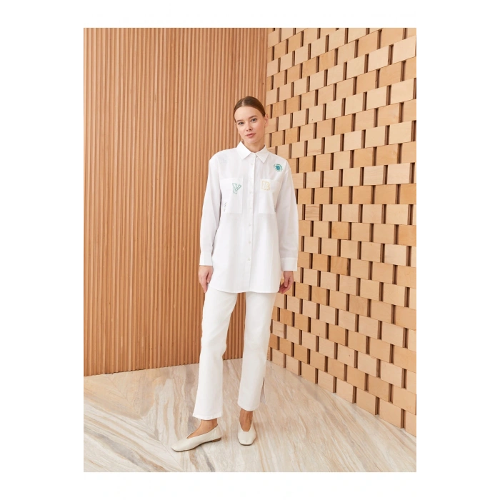 Gömlek Yaka Nakışlı Uzun Kollu Kadın Poplin Tunik