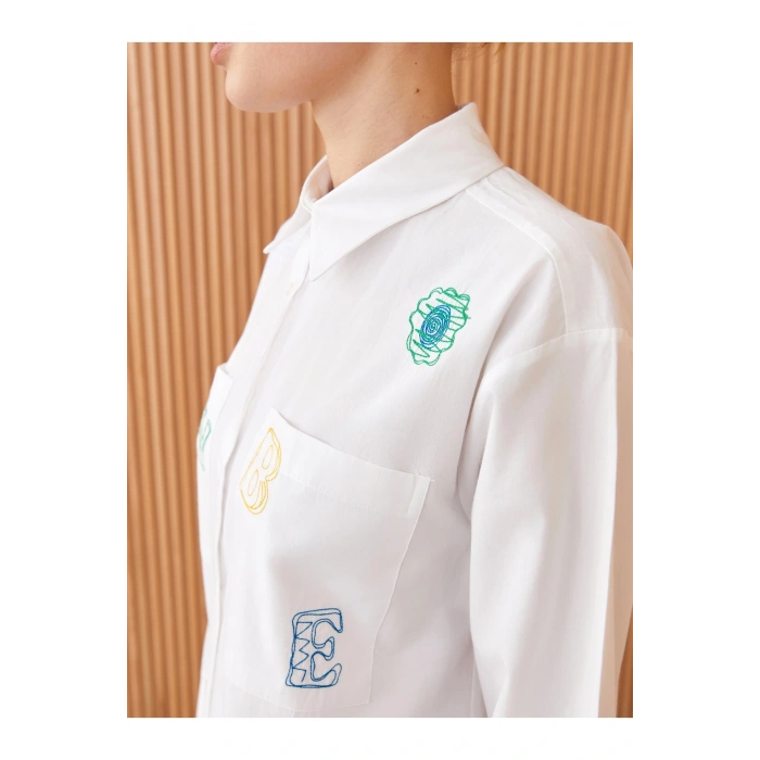 Gömlek Yaka Nakışlı Uzun Kollu Kadın Poplin Tunik