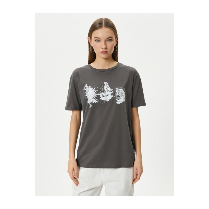 Baskılı Tişört Kısa Kollu Bisiklet Yaka Pamuklu