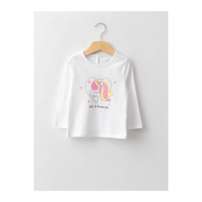 LCW baby Bisiklet Yaka Uzun Kol Baskılı Pamuklu Kız Bebek Tişört