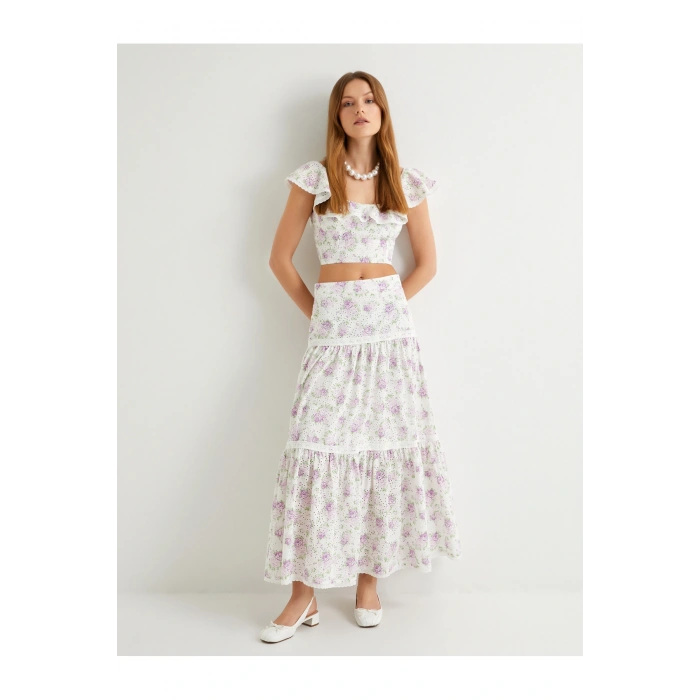 Çiçekli Uzun Etek Normal Bel Volanlı Pamuklu Fistolu