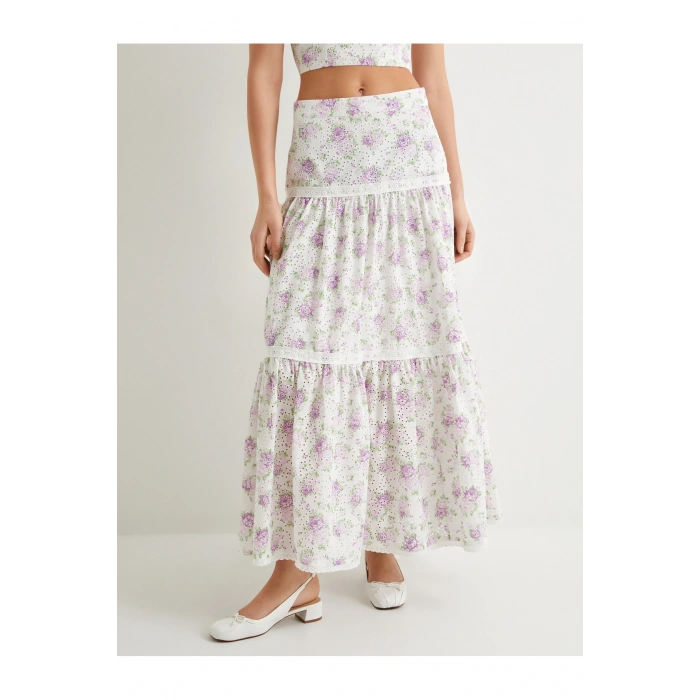 Çiçekli Uzun Etek Normal Bel Volanlı Pamuklu Fistolu