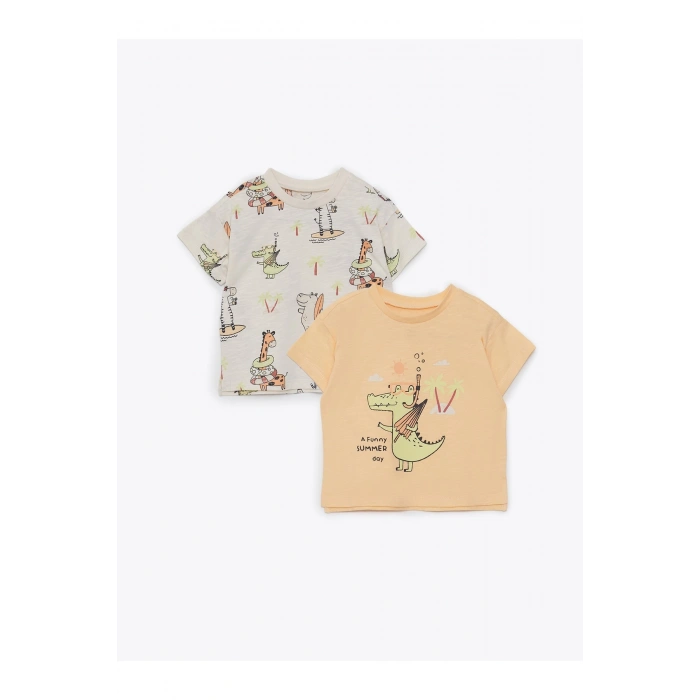 Bisiklet Yaka Kısa Kollu Baskılı Pamuklu Erkek Bebek Tişört 2li