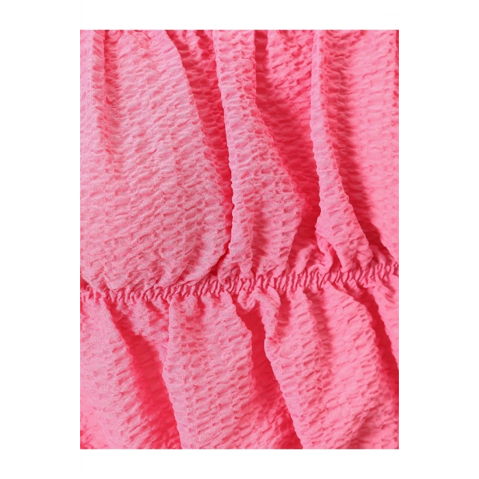 Omzu Açık Fırfırlı Bluz Crop Kısa Kollu Büzgülü Gofre Kumaş