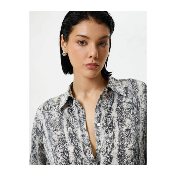 4sak60243uw Kadın Uzun Kol Gömlek Siyah Desenli