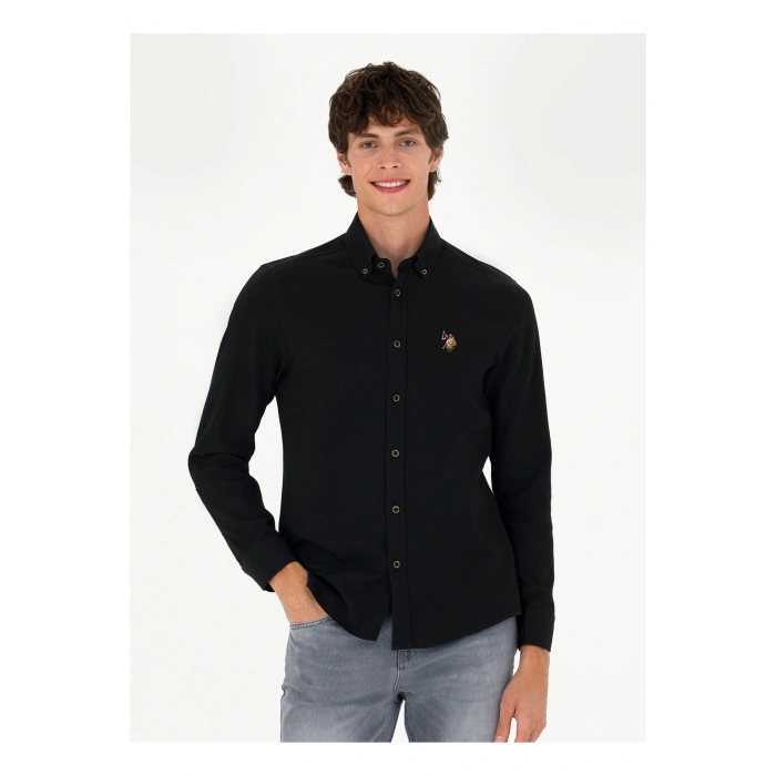 U.S. Polo Assn. Slim Fit Düğmeli Yaka Siyah Erkek Gömlek NOVAYA023K