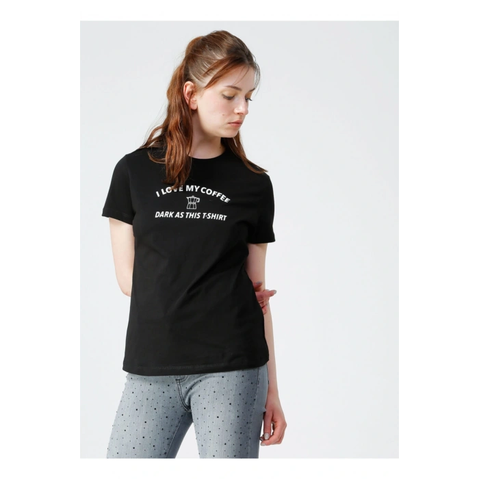 Kadın Siyah Bisiklet Yaka T-shirt