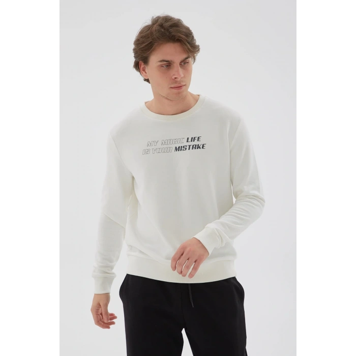 Bisiklet Yaka Baskılı Sweatshirt Ekru / Ecru