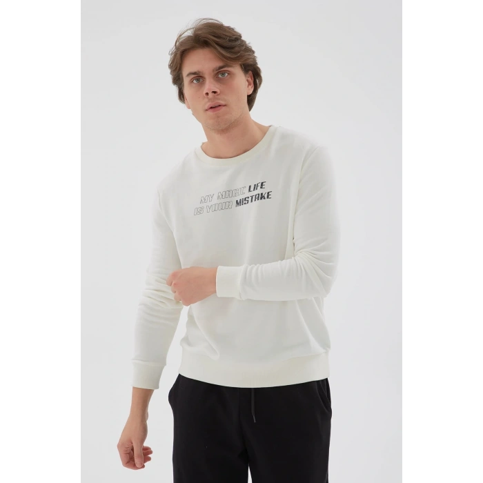 Bisiklet Yaka Baskılı Sweatshirt Ekru / Ecru