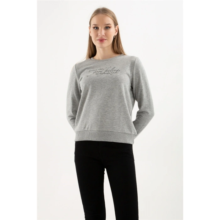 Baskılı Sweatshırt Gri Melanj / Grey Melange