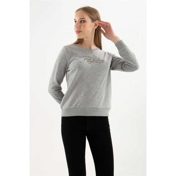 Baskılı Sweatshırt Gri Melanj / Grey Melange