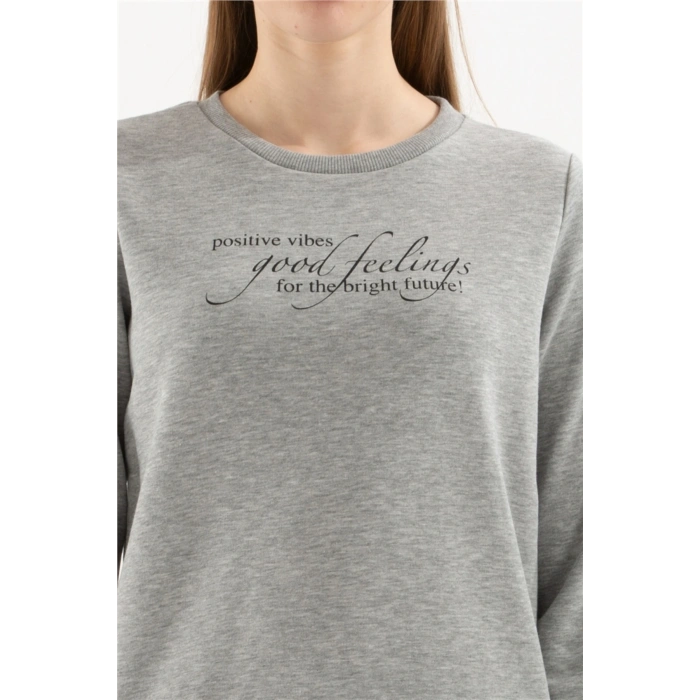 Baskılı Sweatshırt Gri Melanj / Grey Melange