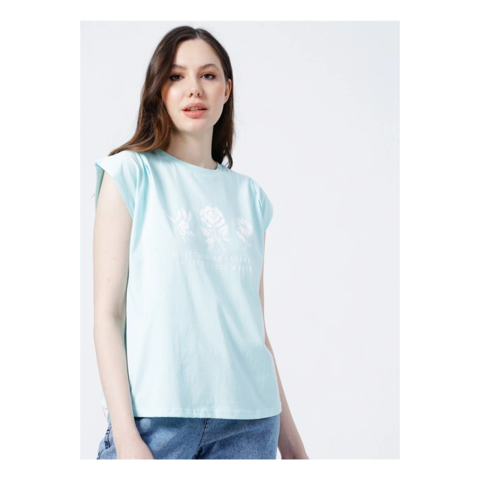 22y0391k1 Bisiklet Yakamini Kol Normal Kalıp Baskılı Mint Kadın T-shirt