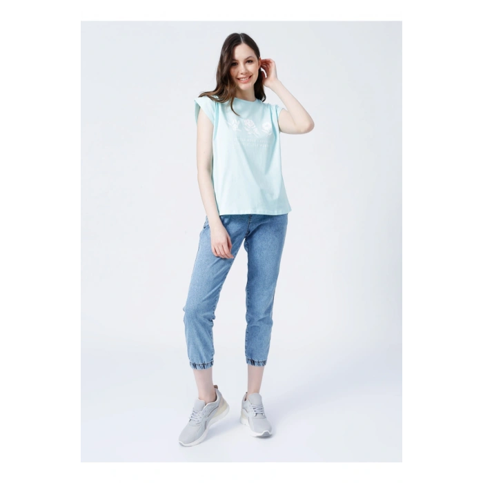 22y0391k1 Bisiklet Yakamini Kol Normal Kalıp Baskılı Mint Kadın T-shirt