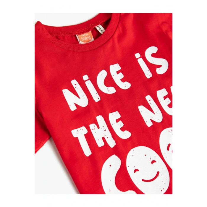 Slogan Baskılı Kısa Kollu Tişört Pamuklu