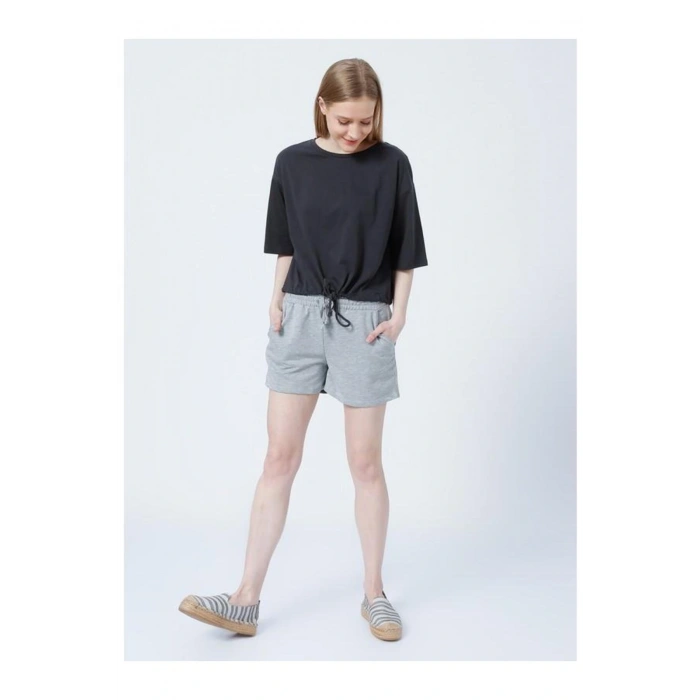 22y0655k1 Lastikli Rahat Kalıp Düz Gri Melanj Kadın Şort