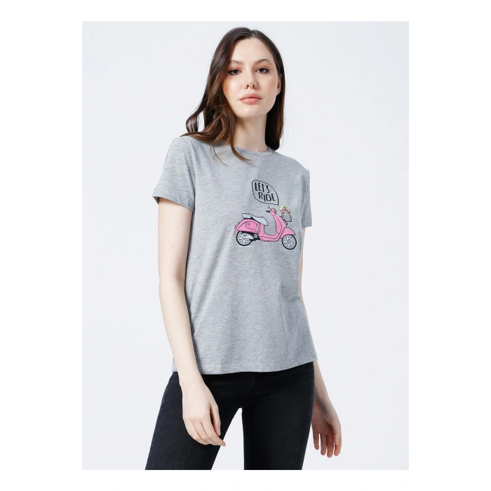 22y0103k1 Bisiklet Yakakısa Kollu Normal Kalıp Baskılı Gri Melanj Kadın T-shirt