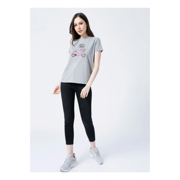 22y0103k1 Bisiklet Yakakısa Kollu Normal Kalıp Baskılı Gri Melanj Kadın T-shirt