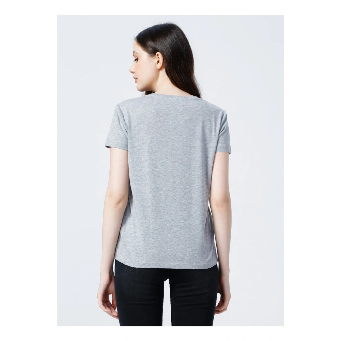 22y0103k1 Bisiklet Yakakısa Kollu Normal Kalıp Baskılı Gri Melanj Kadın T-shirt