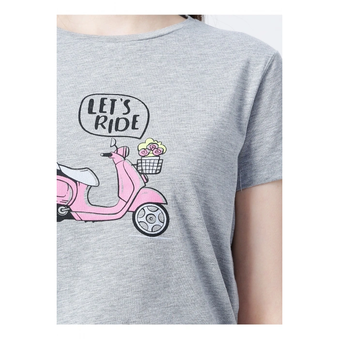 22y0103k1 Bisiklet Yakakısa Kollu Normal Kalıp Baskılı Gri Melanj Kadın T-shirt