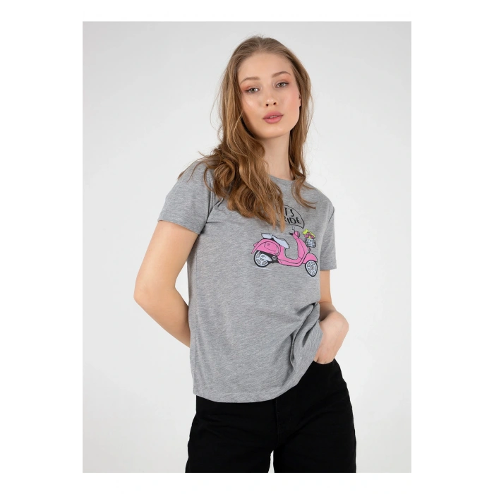 22y0103k1 Bisiklet Yakakısa Kollu Normal Kalıp Baskılı Gri Melanj Kadın T-shirt