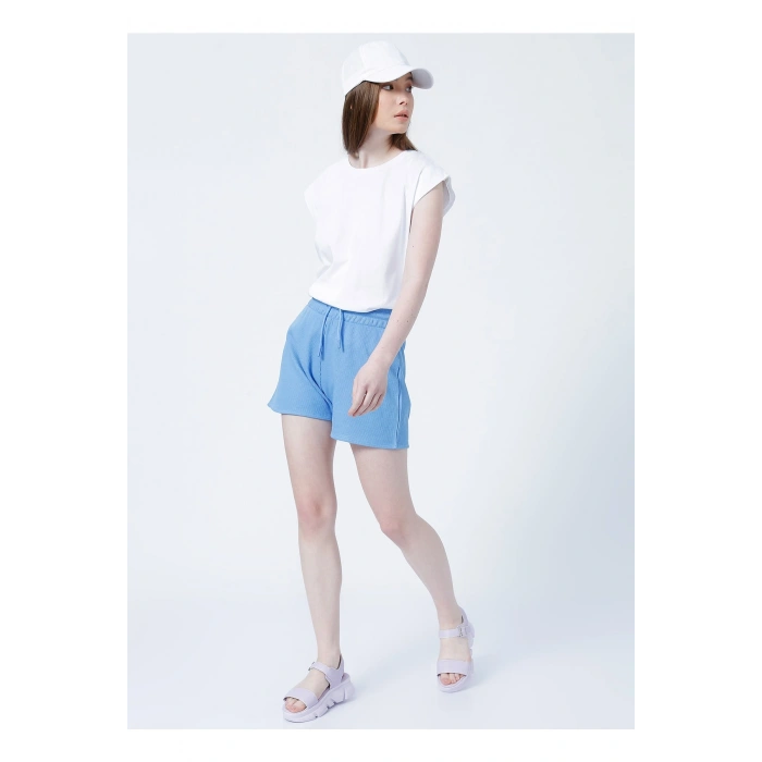 22y0657k1 Lastikli Rahat Petek Desenli Mavi Kadın Şort