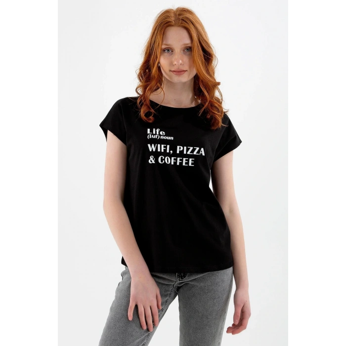 22y0078k1 Bisiklet Yaka Normal Kalıp Baskılı Siyah Kadın T-shirt